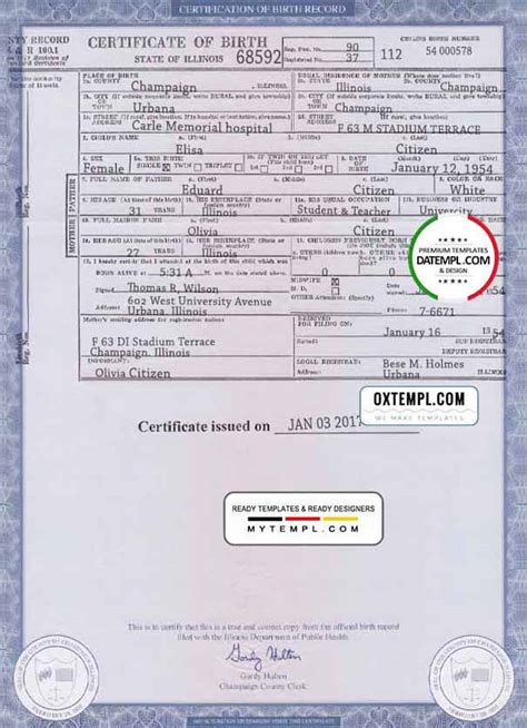 Usa Illinois State Birth Certificate Template In Psd Format Fully Editable