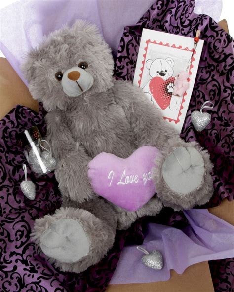 Gimme Some Lovin Bear Hug Care Package Featuring 18 Sugar Heart Tubs Grey Valentines Day Teddy Bear