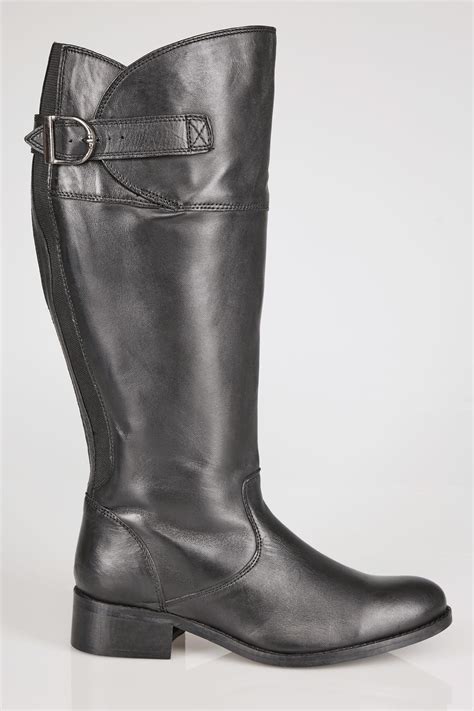 Black Knee High Leather Riding Boots With Elasticated Panels In Eee Fit