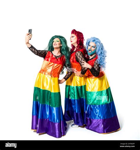 Drag Queen With Rainbow Dress Against Background Stock Photo Alamy