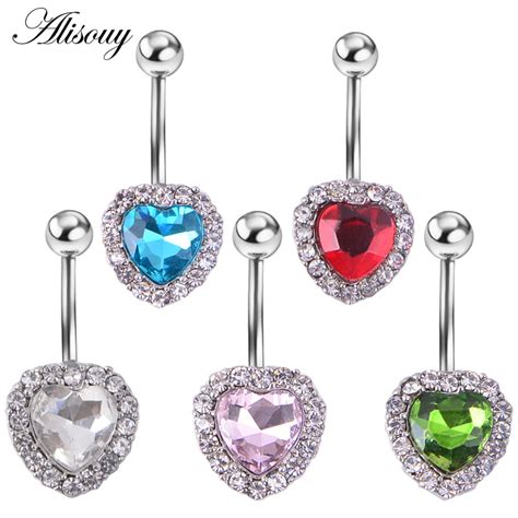 Alisouy 1pc Blue Luxury Zircon Crystal Heart Belly Button Rings Women Body Jewelry Gold Zircon