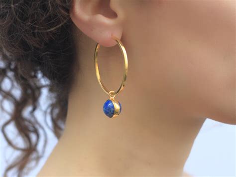 Lapis Lazuli Big Hoop Earrings With Charm Gold Plated Modern Etsy