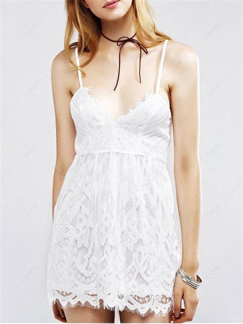 2018 Low Cut Lace Mini Slip Dress In White M Zaful