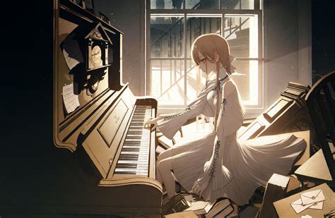 Original Characters Wanke Blonde Long Hair Anime Girls Anime Piano Books Dress
