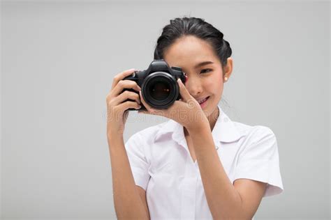 University Student Photographer Hold Camera Stock Image Image Of