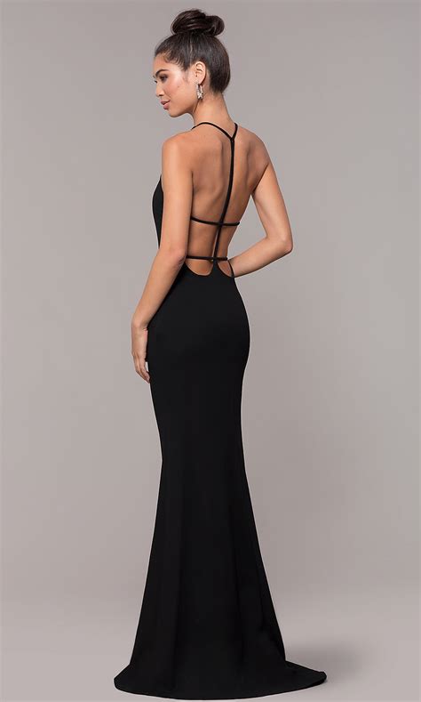 Long Black Backless Prom Dress With Illusion Neckline