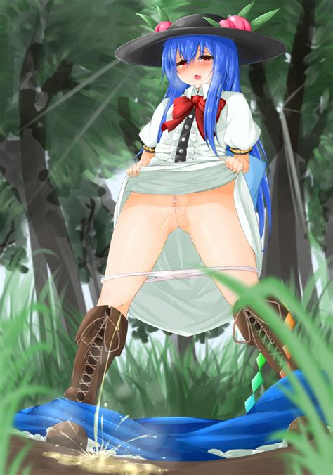 Momo Retasu Hinanawi Tenshi Touhou Highres 1girl Blue Hair Blush