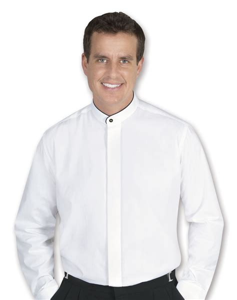Mens Banded Collar White Dress Shirt With Black Piping Lionsdeal