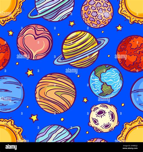 Beautiful Seamless Pattern With Planets Of The Solar System Hand Drawn
