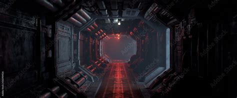 3d Rendering Of Realistic Sci Fi Dark Corridor With Red Light