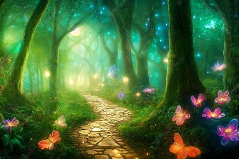 Download Magical Forest With Glowing Butterflies Wallpaper