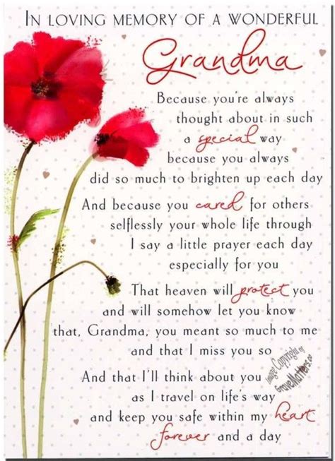 A Card With Two Red Flowers On It And The Words In Loving Memory Of A Wonderful Grandma