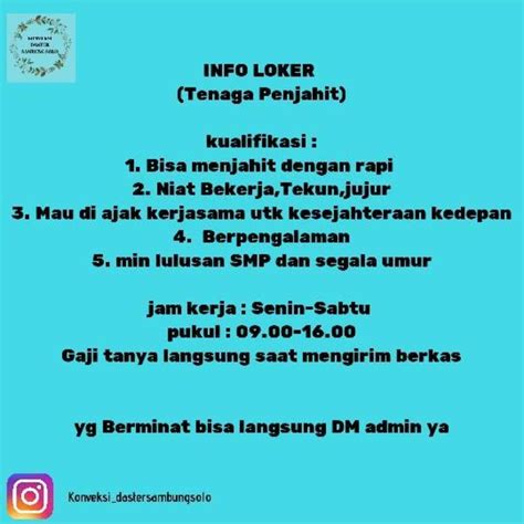 Bisa mengoperasikan mesin jahit garment minimal jarum 1 atau obras. Loker Jahit Daerah Sumber / Kadang ke jakarta, medan dan ke singapura.