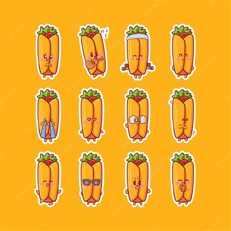 Premium Vector Cute Kawaii Burrito Character Sticker Illustration Set