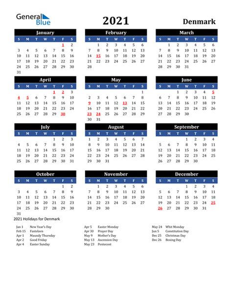 2021 Denmark Calendar With Holidays