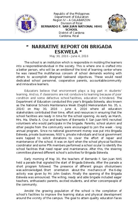 Narrative Report Brigada National School School Physicals New Students
