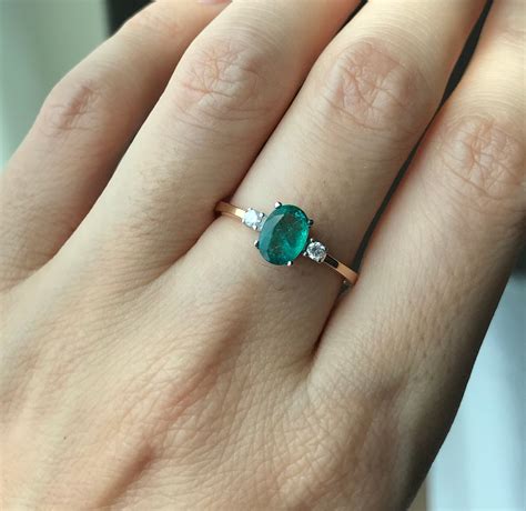 Oval Emerald Three Stone Engagement Ring Genuine Emerald Etsy