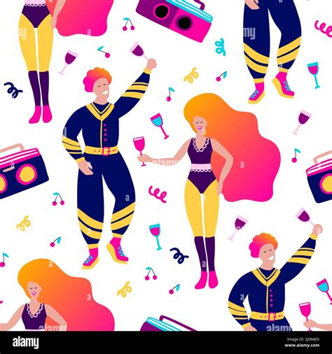 People Disco Party Seamless Vector Girl And Boy Pattern 80s Flat Woman