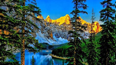 Lakes Sunrise Forest Mountains Superb Trees Canada Lake Moraine