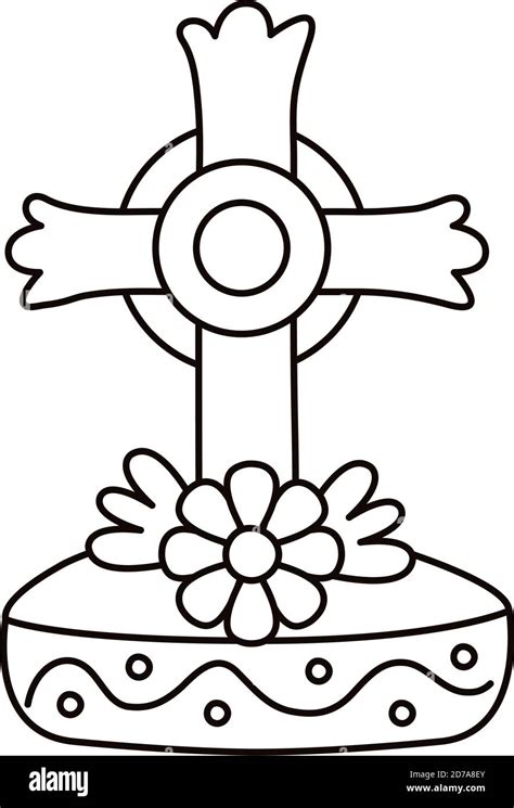 Dia De Los Muertos Grave Cross With Flower Line Style Vector