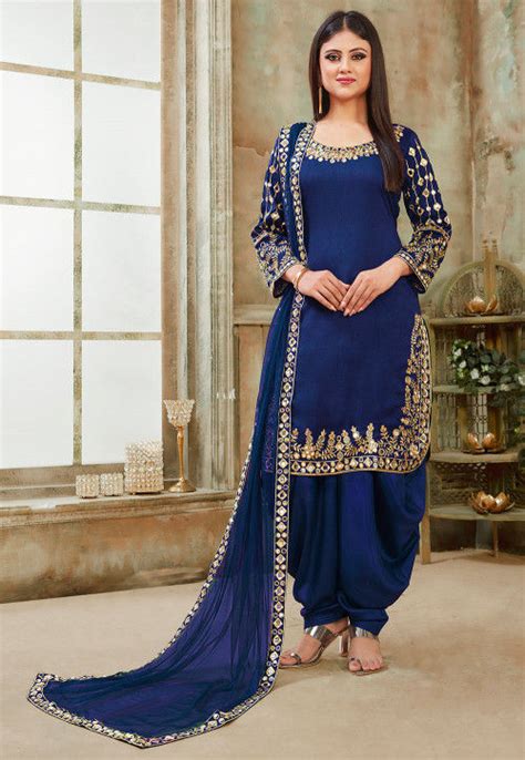 Buy Embroidered Art Silk Punjabi Suit In Dark Blue Online Kch3734 Utsav Fashion