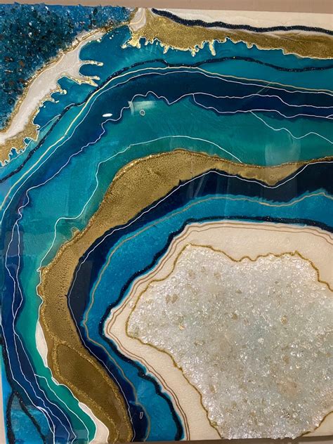 Resin Geode Wall Art Blue Teal And Gold Modern Agate Etsy