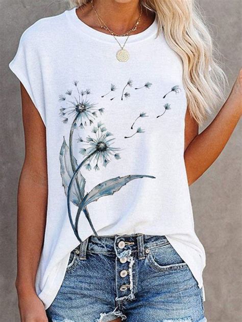 Casual Dandelion Short Sleeve Round Neck Printed Top Tunic T Shirt