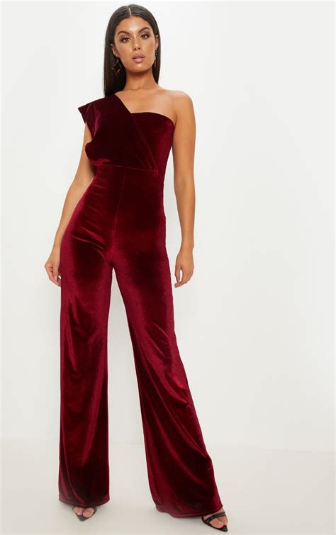 Burgundy Velvet Drape Jumpsuit Prettylittlething Ca