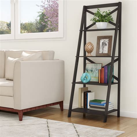 Somerset Home Ladder Bookshelf 4 Shelf Leaning Bookcase With X Back