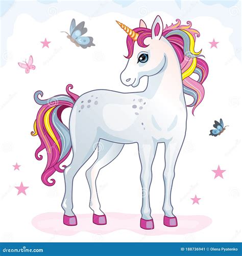 Cartoon Beautiful Unicorn With Rainbow Mane On White Background