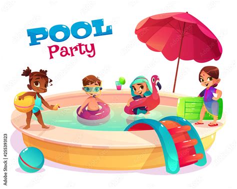 Children Pool Party Cartoon Vector Concept With Multinational Boys And