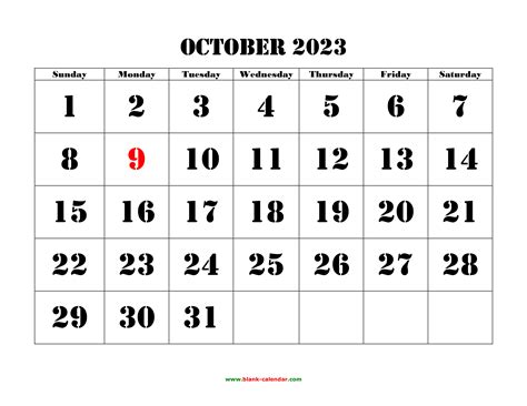 Free Download Printable October 2023 Calendar Large Font Design
