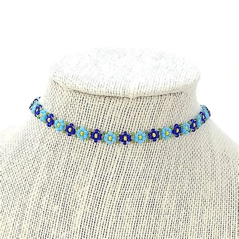 Blue Daisy Chain Choker Necklace Seed Bead 90s Flower Choker Etsy