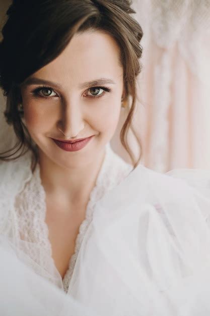Premium Photo Beautiful Stylish Brunette Bride Posing In Silk Robe