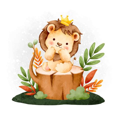 Premium Vector Watercolor Animal Cute Safari Lion Sitting On A Log