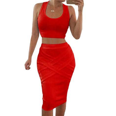 Sexy Sleeveless 2 Piece Set Women Bandage Bodycon Evening Dress Package Hip Clubwear Mini Crop