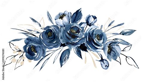 Navy Blue Flowers Watercolor Floral Clip Art Bouquet Roses Perfectly