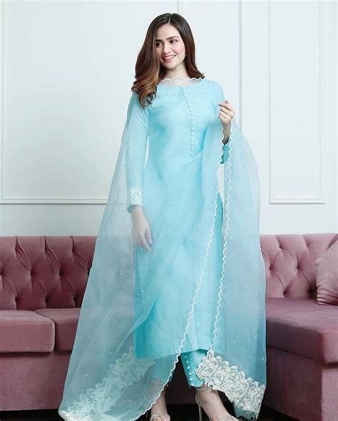 Auspicious Sky Blue Plain Pure Cotton Salwar Suits With Organza Silk