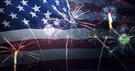 American Flag Waving With Fireworks Celebrating 4th Of July Stock Image