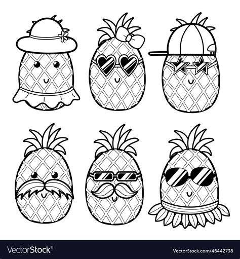 Cute Black And White Pineapple Set Coloring Page Vector Image