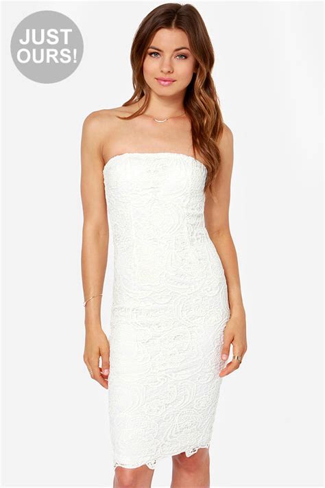 Pretty Lace Dress Ivory Dress Strapless Dress Midi Dress 4200