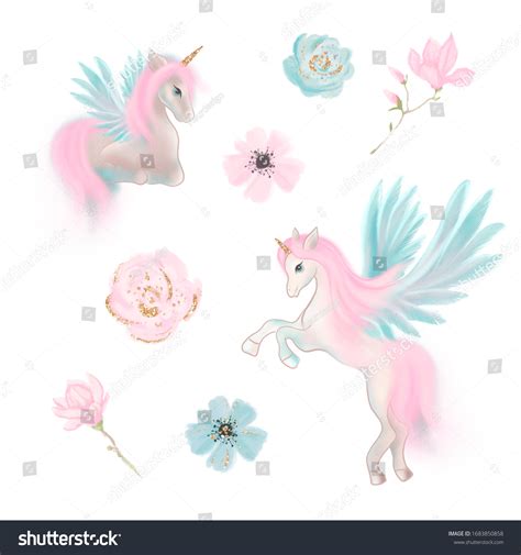 Magical Unicorns Fairy Floral Clip Art Stock Illustration 1683850858