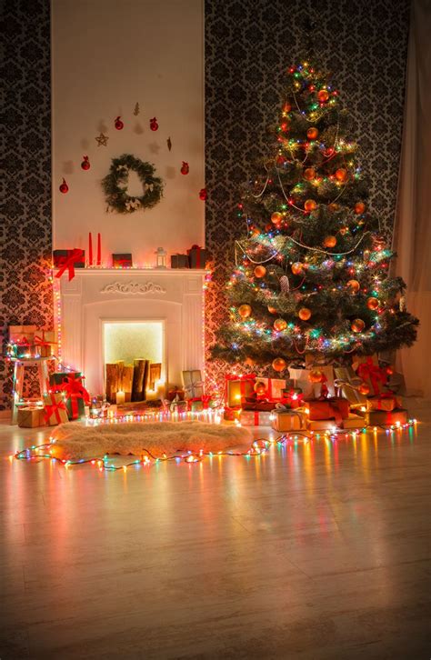 Photography Backdrops Christmas Fireplace Xmas Lights Candles Christmas Tree Background Sale