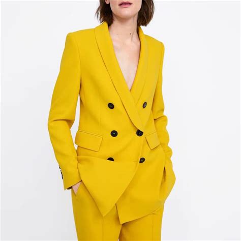 Women Elegant Notched Collar Yellow Blazers Pockets Double Breasted