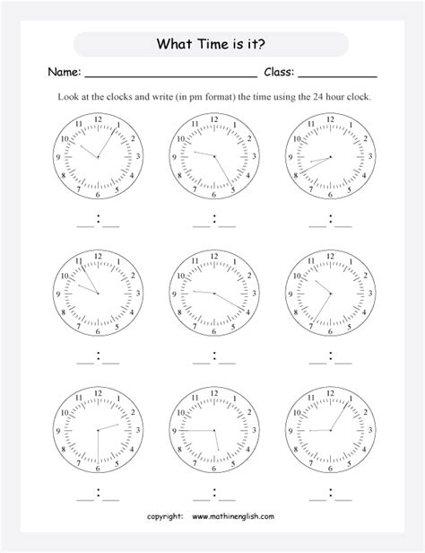 1) 7:35am = 2) 2:50pm = 3) 11:53am = 4) 5:16pm = 5) 1:35pm = 6) 3:40am = Look at the clocks and tell the time in pm format using ...