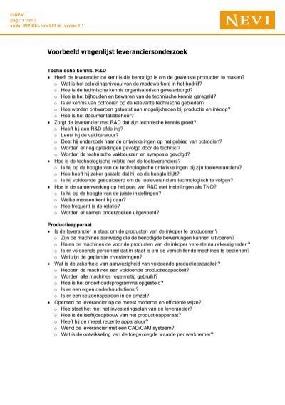 Voorbeeld Vragenlijst Leveranciersonderzoek Nevi