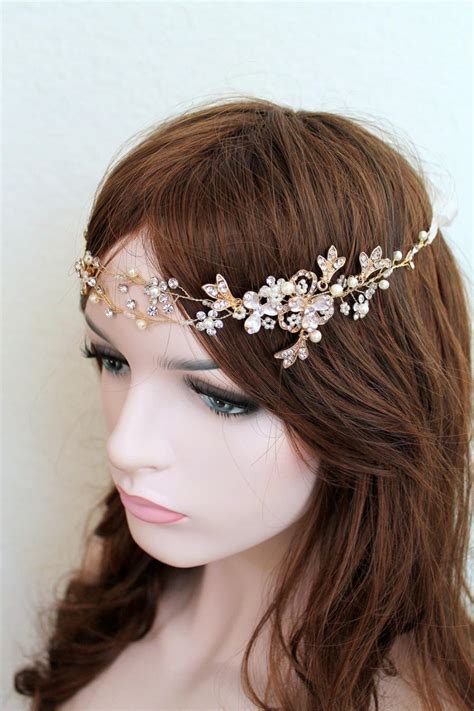 gold leaf vine bridal headpiece boho rose gold crystal pearl wedding wreath halo headband