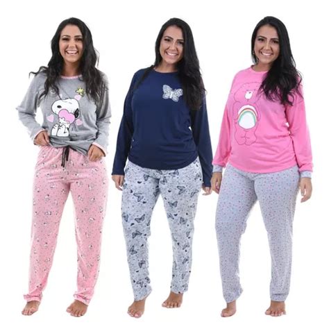 Kit 3 Pijamas Feminino Inverno Em Oferta Manga Longa E Calça Parcelamento Sem Juros