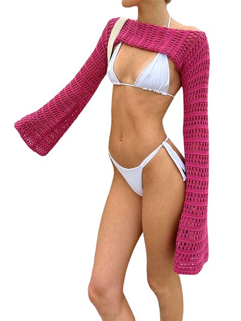 Tffr Women Crochet Shrugs Crop Tops Knit Long Sleeve Hollow Out Sweater Bikini Beach See Through