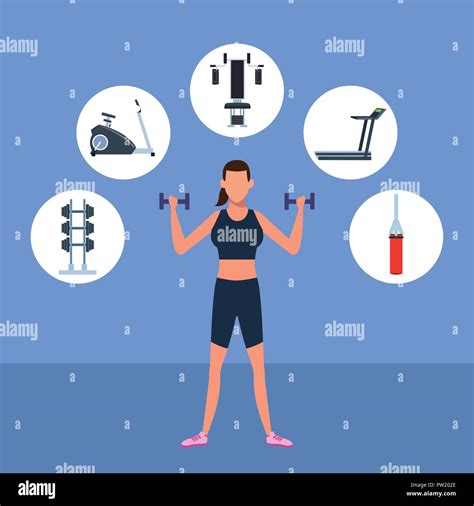 Fitness Woman With Gym Machines Round Icons Vector Illustration Graphic